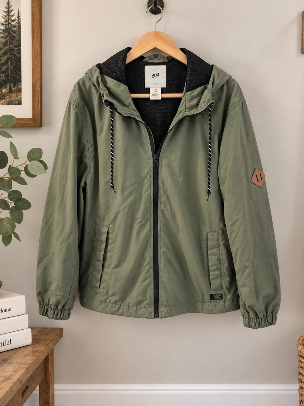 H&M L.O.G.G. Olive Green Hooded Windbreaker Utility Jacket L
